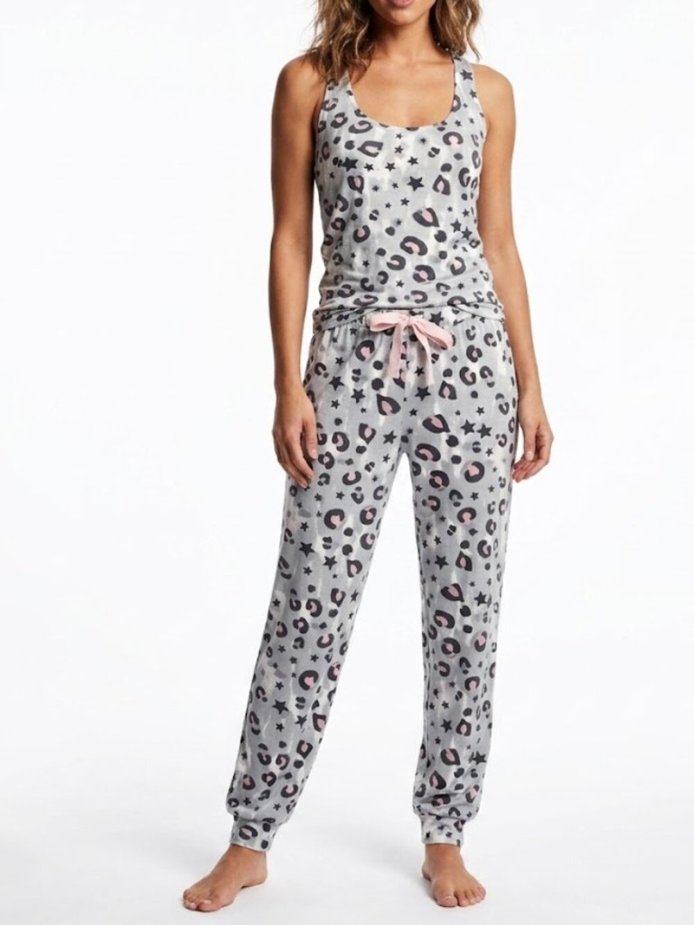 Jaclyn Intimates Leopard Star Print Pajama Set Gray Pink L